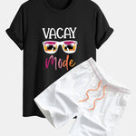 Regular Fit Vacay Mode Print Cotton T-Shirt & Man Mid Length Drawstring Swim Shorts