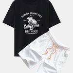 California Palm Tree Print Drop Shoulder Oversize T-Shirt & Man Mid Length Drawstring Swim Shorts