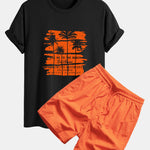 Palm Tree Silhouette Print Cotton T-Shirt & Man Mid Length Drawstring Swim Shorts