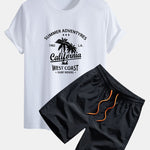 Regular Fit California Palm Tree Print Cotton T-Shirt & Drawstring Swim Shorts