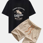 California Palm Tree Print Drop Shoulder Oversize T-Shirt & Man Mid Length Drawstring Swim Shorts
