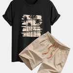 Palm Tree Silhouette Print Cotton T-Shirt & Man Mid Length Drawstring Swim Shorts