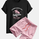 Regular Fit California Palm Tree Print Cotton T-Shirt & Drawstring Swim Shorts