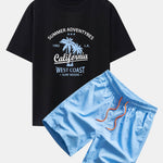 California Palm Tree Print Drop Shoulder Oversize T-Shirt & Man Mid Length Drawstring Swim Shorts