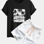 Palm Tree Silhouette Print Cotton T-Shirt & Man Mid Length Drawstring Swim Shorts
