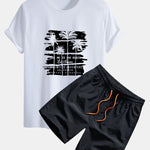 Palm Tree Silhouette Print Cotton T-Shirt & Man Mid Length Drawstring Swim Shorts