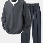 Raglan Sleeve 2 In 1 Waffle T-Shirt & Single Pleat Drawstring Straight Leg Pants