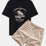 California Palm Tree Print Drop Shoulder Oversize T-Shirt & Corduroy Drawstring Shorts