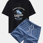 California Palm Tree Print Drop Shoulder Oversize T-Shirt & Corduroy Drawstring Shorts