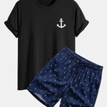 Regular Fit Anchor Print Cotton T-Shirt & Anchor Print Drawstring Swim Shorts
