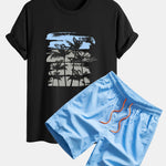 Palm Tree Silhouette Print Cotton T-Shirt & Swim Shorts