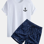 Regular Fit Anchor Print Cotton T-Shirt & Anchor Print Drawstring Swim Shorts
