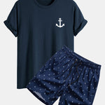 Regular Fit Anchor Print Cotton T-Shirt & Anchor Print Drawstring Swim Shorts