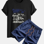 Palm Tree Silhouette Print Cotton T-Shirt & Swim Shorts
