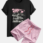 Palm Tree Silhouette Print Cotton T-Shirt & Swim Shorts