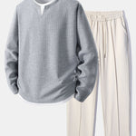 Relax Fit Long Sleeve 2 In 1 Waffle T-Shirt & Single Pleat Drawstring Straight Leg Pants
