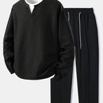 Relax Fit Long Sleeve 2 In 1 Waffle T-Shirt & Single Pleat Drawstring Straight Leg Pants