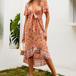 Zeagoo Women's Bohemian Floral Tie Front V Neck Midi Dresses
