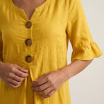 Vanesa - Vestido con Textura de Lino con Manga Abullonada y Botones