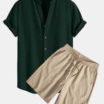 Crinkled Textured V Neck Shirt & Crinkled Textured Drawstring Shorts