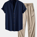 Crinkled Textured V Neck Shirt & Crinkle Textured Straight Leg Pants