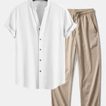 Crinkled Textured V Neck Shirt & Crinkle Textured Straight Leg Pants