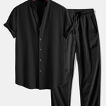 Crinkled Textured V Neck Shirt & Crinkle Textured Straight Leg Pants