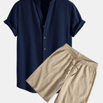 Crinkled Textured V Neck Shirt & Crinkled Textured Drawstring Shorts