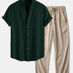 Crinkled Textured V Neck Shirt & Crinkle Textured Straight Leg Pants