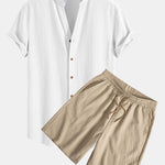 Crinkled Textured V Neck Shirt & Crinkled Textured Drawstring Shorts