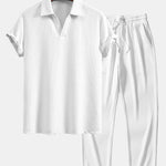 Short Sleeved V-Neck Ribbed Polo & Straight Leg Ribbed Pants