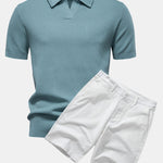 Pineapple Texture Knit V Neck Polo & Cotton Chino Shorts