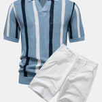 Stripe Knit V Neck Polo Shirt & Cotton Chino Shorts