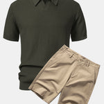 Wave Jacquard Knit V Neck Polo Shirt & Cotton Chino Shorts