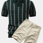 Geometric Knit V Neck Polo Shirt & Cotton Chino Shorts