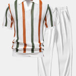 Stripe Knit V Neck Polo Shirt & Straight Leg Ribbed Pants
