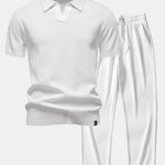 Pineapple Texture Knit V Neck Polo & Straight Leg Ribbed Pants