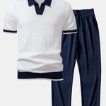 Texture Contrast Knitted V Neck Polo Shirt & Straight Leg Ribbed Pants