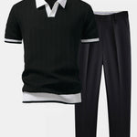 Texture Contrast Knitted V Neck Polo Shirt & Slim Fit Tapered Trousers