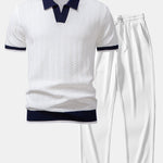 Texture Contrast Knitted V Neck Polo Shirt & Straight Leg Ribbed Pants