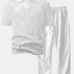 Geometric Crochet V Neck Polo Shirt & Straight Leg Linen Pants