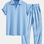 Short Sleeved V-Neck Ribbed Polo & Straight Leg Ribbed Pants