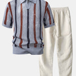Striped Crochet V Neck Polo & Straight Leg Linen Pants