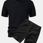 Wave Jacquard Knit V Neck Polo Shirt & Cotton Chino Shorts