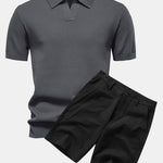 Pineapple Texture Knit V Neck Polo & Cotton Chino Shorts