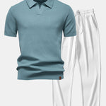 Pineapple Texture Knit V Neck Polo & Straight Leg Ribbed Pants