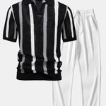 Stripe Knit V Neck Polo Shirt & Straight Leg Ribbed Pants