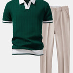 Texture Contrast Knitted V Neck Polo Shirt & Slim Fit Tapered Trousers