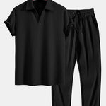 Short Sleeved V-Neck Ribbed Polo & Straight Leg Ribbed Pants