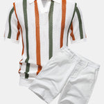 Stripe Knit V Neck Polo Shirt & Cotton Chino Shorts